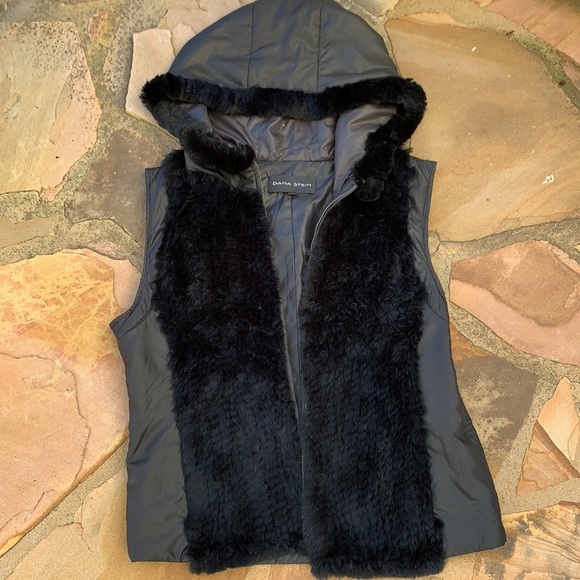 Dana Stein Puffer Vest size Medium Rabbit Fur trim with Hood - Picture 3 of 7